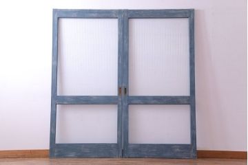 昭和期　モールガラスがレトロな魅力を放つペイント引き戸(ガラス戸、建具)2枚セット