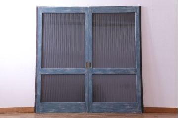 昭和期　モールガラスがレトロな魅力を放つペイント引き戸(ガラス戸、建具)2枚セット