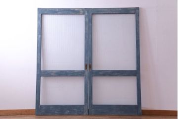 昭和期　モールガラスがレトロな魅力を放つペイント引き戸(ガラス戸、建具)2枚セット