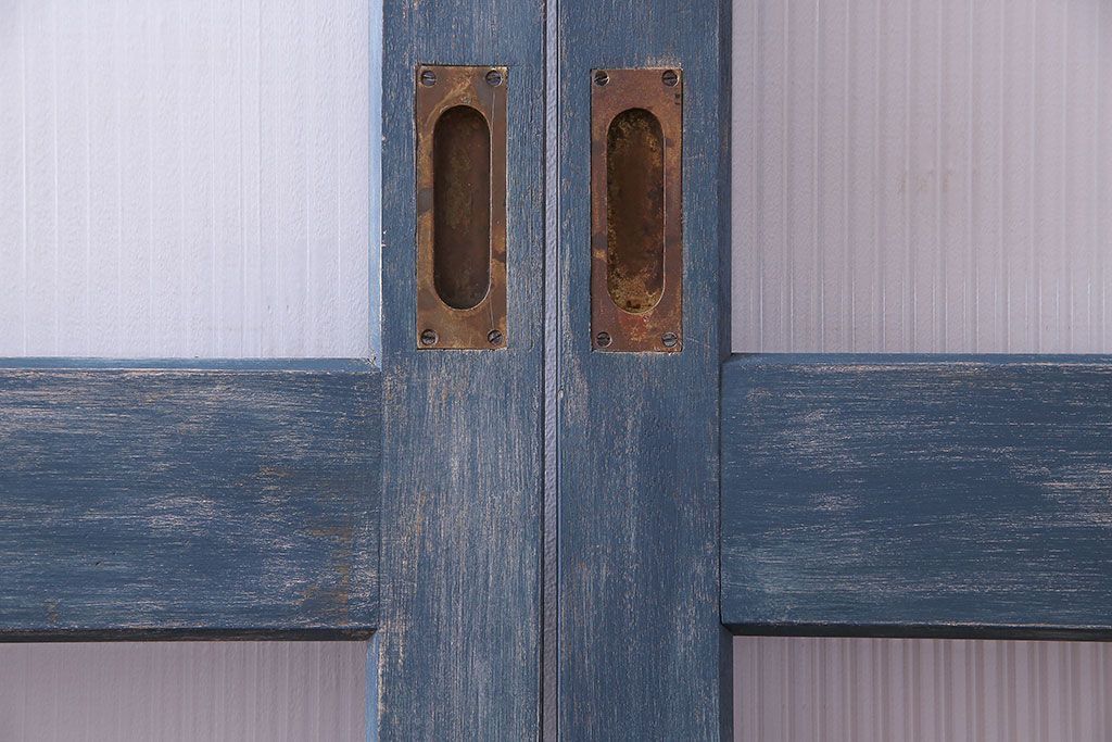 昭和期　モールガラスがレトロな魅力を放つペイント引き戸(ガラス戸、建具)2枚セット