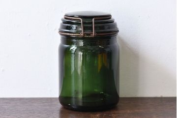 アンティーク雑貨　フランスアンティーク　DURFOR(ダルフール)　緑のガラスビン(保存瓶、ジャー)