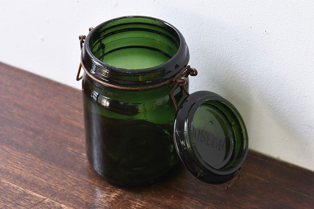 アンティーク雑貨　フランスアンティーク　DURFOR(ダルフール)　緑のガラスビン(保存瓶、ジャー)