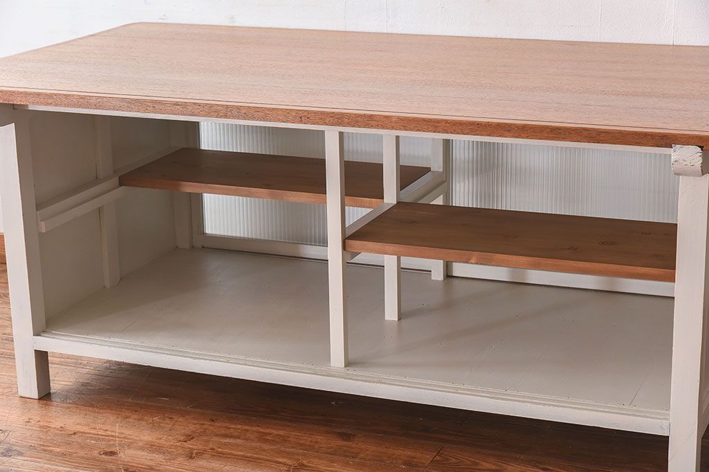 アンティーク家具　両面使いで便利!モールガラス引き戸の作業台(カウンターテーブル)