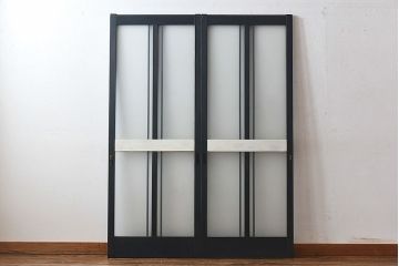昭和レトロ　シックなカラーのペイントガラス戸(建具、引き戸)2枚セット