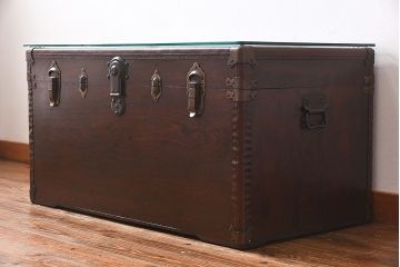イギリスアンティーク　ガラス天板付きトランクテーブル(センターテーブル)