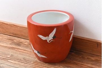 アンティーク雑貨　ノリタケ・則武(日陶)　鶴の図　朱色が目を引く小振りの火鉢(手あぶり、鉢カバー)