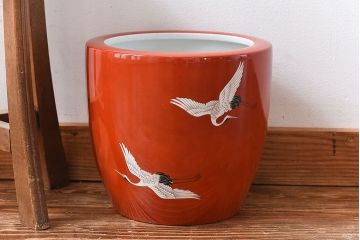 アンティーク雑貨　ノリタケ・則武(日陶)　鶴の図　朱色が目を引く小振りの火鉢(手あぶり、鉢カバー)