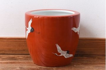 アンティーク雑貨　ノリタケ・則武(日陶)　鶴の図　朱色が目を引く小振りの火鉢(手あぶり、鉢カバー)