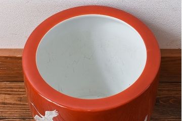 アンティーク雑貨　ノリタケ・則武(日陶)　鶴の図　朱色が目を引く小振りの火鉢(手あぶり、鉢カバー)