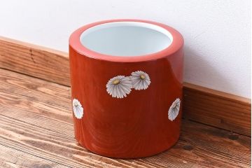 アンティーク雑貨　ノリタケ・則武(日陶)　朱色地白菊文様　レトロな参型火鉢(手あぶり、鉢カバー)(1)