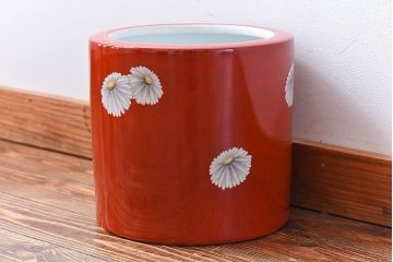 アンティーク雑貨　ノリタケ・則武(日陶)　朱色地白菊文様　レトロな参型火鉢(手あぶり、鉢カバー)(1)