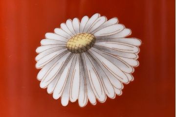 アンティーク雑貨　ノリタケ・則武(日陶)　朱色地白菊文様　レトロな参型火鉢(手あぶり、鉢カバー)(1)