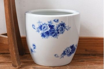 アンティーク雑貨　ノリタケ・則武(日陶)　オールドノリタケ　ブルーローズ　シックな染付火鉢(鉢カバー)(1)