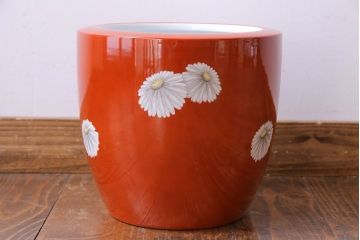 アンティーク雑貨　未使用 ノリタケ・則武(日陶)　箱付　朱色地白菊文様　レトロな火鉢(手あぶり、鉢カバー)(1)