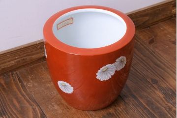 アンティーク雑貨　未使用 ノリタケ・則武(日陶)　箱付　朱色地白菊文様　レトロな火鉢(手あぶり、鉢カバー)(1)