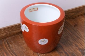 アンティーク雑貨　未使用　ノリタケ・則武(日陶)　箱付　朱色地白菊文様　レトロな火鉢(手あぶり、鉢カバー)(2)