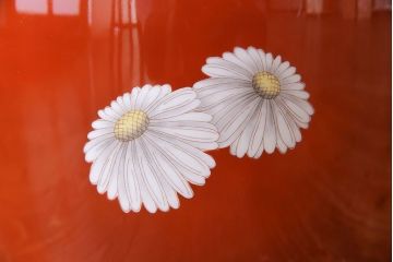アンティーク雑貨　未使用　ノリタケ・則武(日陶)　箱付　朱色地白菊文様　レトロな火鉢(手あぶり、鉢カバー)(2)