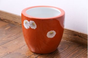 アンティーク雑貨　オールドノリタケ(日陶)　朱色地白菊文様　レトロな火鉢(手あぶり、鉢カバー)(3)