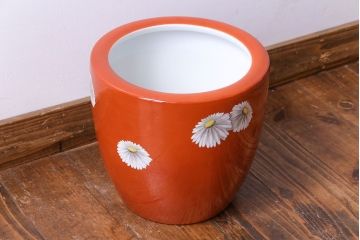 アンティーク雑貨　オールドノリタケ(日陶)　朱色地白菊文様　レトロな火鉢(手あぶり、鉢カバー)(3)