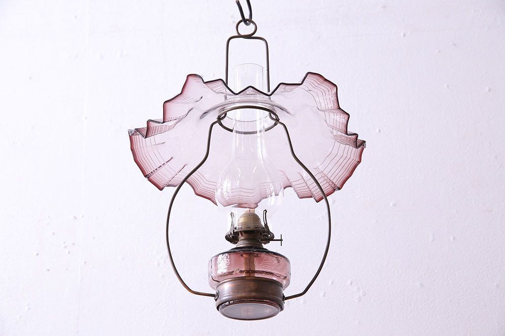 ビンテージ　シェードが可愛らしいオイルランプ(照明、吊りランプ)