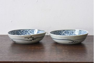 アンティーク雑貨　江戸期　古伊万里　染付蛸唐草　なます皿(和食器)2枚セット(1)