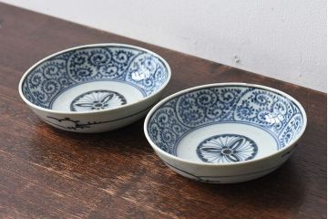 アンティーク雑貨　江戸期　古伊万里　染付蛸唐草　なます皿(和食器)2枚セット(1)