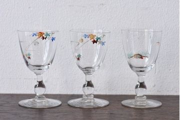 アンティーク雑貨　大正期　エナメル絵付け　リキュールグラス(酒器、ガラス盃)3個セット