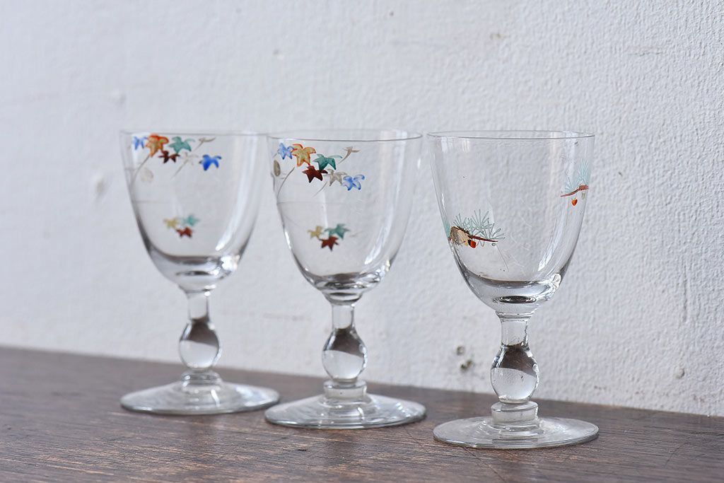 アンティーク雑貨　大正期　エナメル絵付け　リキュールグラス(酒器、ガラス盃)3個セット