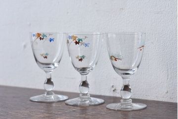 アンティーク雑貨　大正期　エナメル絵付け　リキュールグラス(酒器、ガラス盃)3個セット