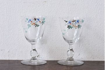 アンティーク雑貨　大正期　エナメル絵付け　リキュールグラス(酒器、ガラス盃)2個セット