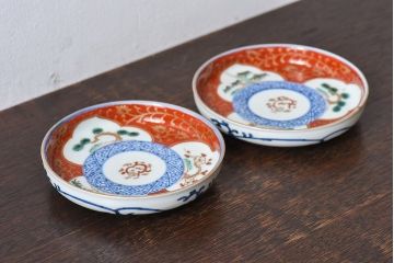 アンティーク雑貨　江戸期　古伊万里　赤絵染付小皿(和食器)2枚セット(1)