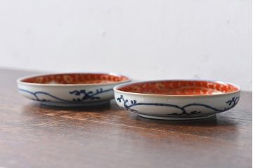 アンティーク雑貨　江戸期　古伊万里　赤絵染付小皿(和食器)2枚セット(2)