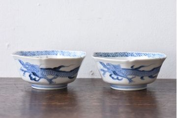 江戸期　古伊万里　色絵柘榴文　染付向付(和食器)2客セット(1)