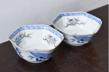江戸期　古伊万里　色絵柘榴文　染付向付(和食器)2客セット(1)