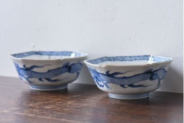 アンティーク雑貨　江戸期　古伊万里　色絵柘榴文　染付向付(和食器)2客セット(2)