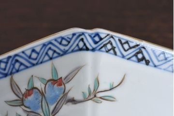 アンティーク雑貨　江戸期　古伊万里　色絵柘榴文　染付向付(和食器)2客セット(2)