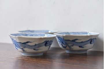アンティーク雑貨　江戸期　古伊万里　色絵柘榴文　染付向付(和食器)3客セット