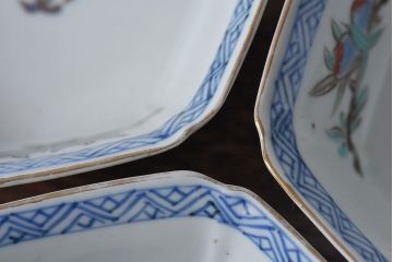 アンティーク雑貨　江戸期　古伊万里　色絵柘榴文　染付向付(和食器)3客セット