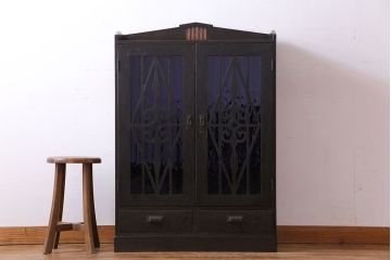 アンティーク家具　大正ロマン!存在感のある色ガラスブックケース(本箱、本棚、キャビネット)