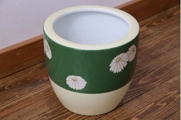 アンティーク雑貨　オールドノリタケ・則武(日陶) 緑地　白菊文様　バイカラーがおしゃれな壱型火鉢(手あぶり、鉢カバー、傘立て)