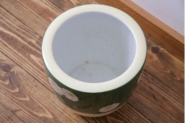 アンティーク雑貨　オールドノリタケ・則武(日陶) 緑地　白菊文様　バイカラーがおしゃれな壱型火鉢(手あぶり、鉢カバー、傘立て)