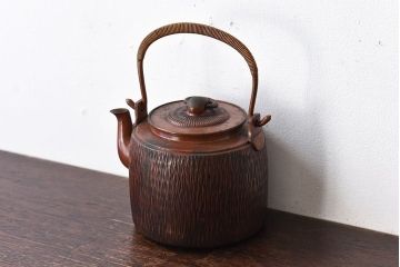アンティーク雑貨　明治大正期　環摘み麦藁紋銅製薬缶(水注、鉄瓶)