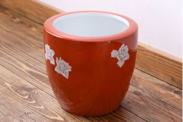 アンティーク雑貨　ノリタケ(日陶)　鮮やかな朱色が見事な壱型火鉢(手あぶり、鉢カバー、傘立て)(2)