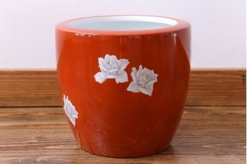 アンティーク雑貨　ノリタケ(日陶)　鮮やかな朱色が見事な壱型火鉢(手あぶり、鉢カバー、傘立て)(2)