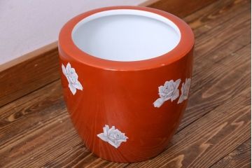 アンティーク雑貨　ノリタケ(日陶)　鮮やかな朱色が見事な壱型火鉢(手あぶり、鉢カバー、傘立て)(2)