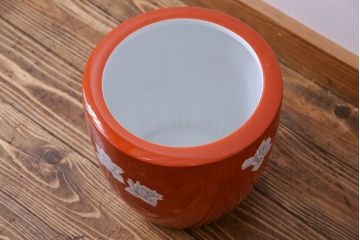 アンティーク雑貨　ノリタケ(日陶)　鮮やかな朱色が見事な壱型火鉢(手あぶり、鉢カバー、傘立て)(2)