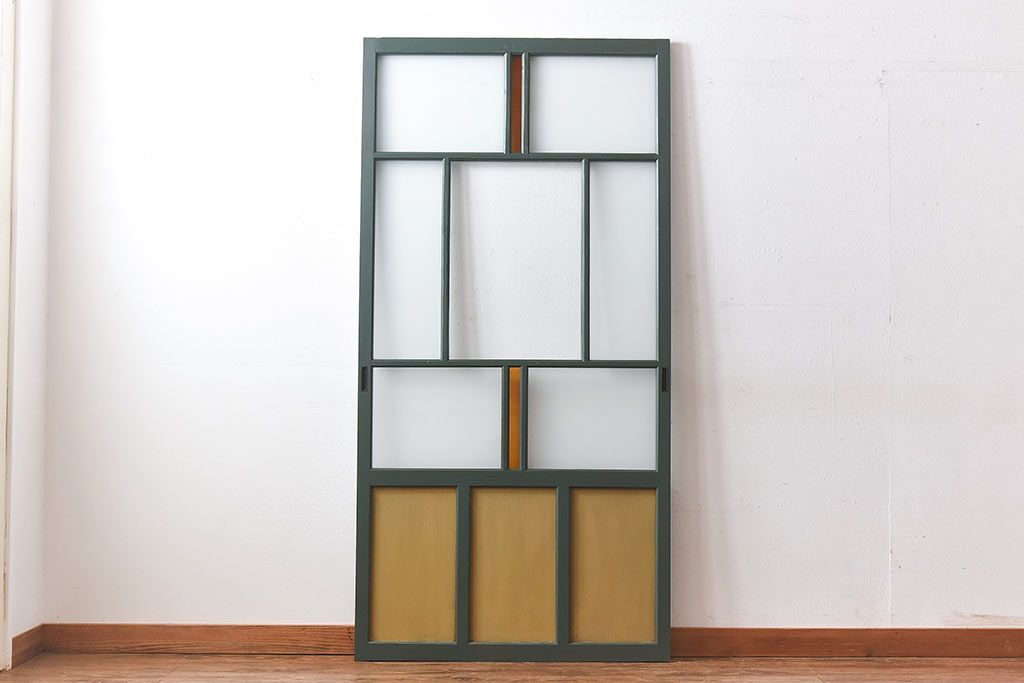 ペイント家具　色ガラス入り　レトロなカラーがおしゃれなガラス戸1枚(引き戸、建具)