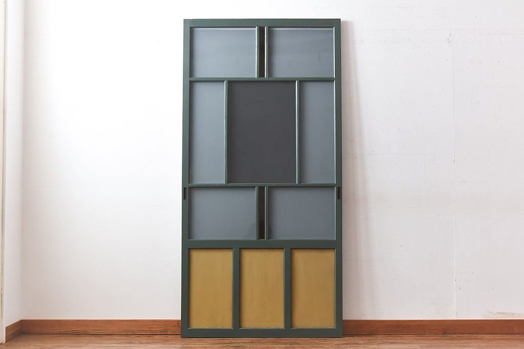 ペイント家具　色ガラス入り　レトロなカラーがおしゃれなガラス戸1枚(引き戸、建具)