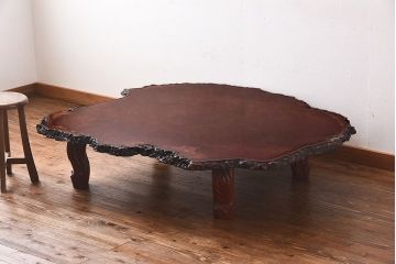 中古　特大　カリン材(花梨材)　鳥眼杢　木肌と木目が存在感を放つ座卓(定価約180万円)