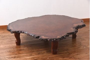 中古　特大　カリン材(花梨材)　鳥眼杢　木肌と木目が存在感を放つ座卓(定価約180万円)